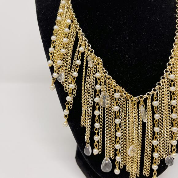 Amrita Singh Gold Tone Chainlink Bib Statement Necklace with Faux Pearl Drop - Picture 4 of 7
